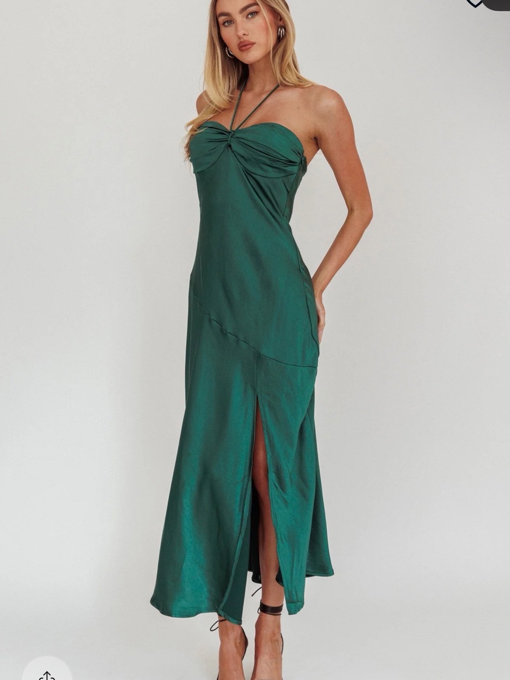 Selfie Leslie Strapless Emerald Satin Maxi Dress